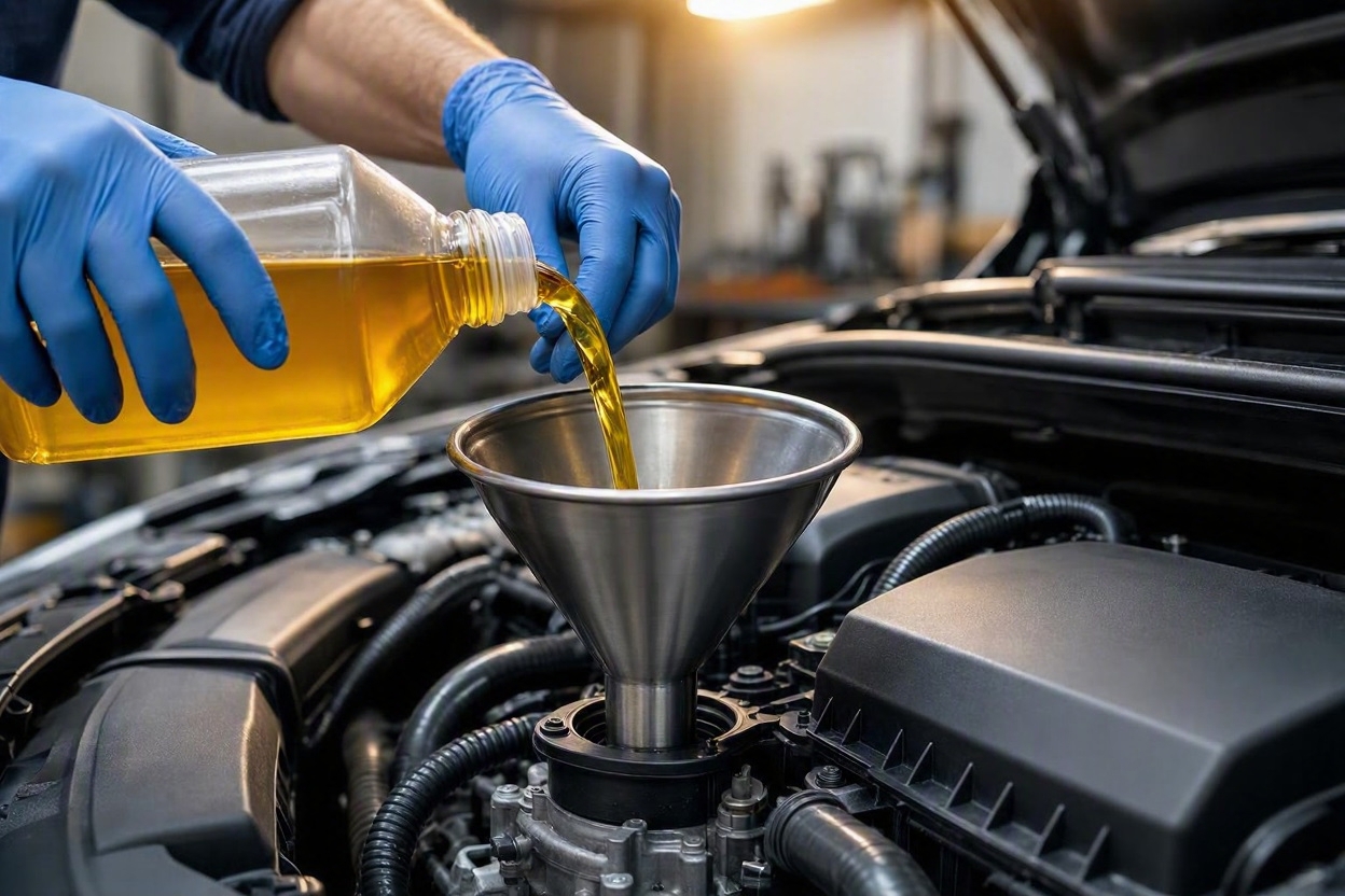 Mechanic pouring fresh certified synthetic engine oil through a funnel into a vehicle engine