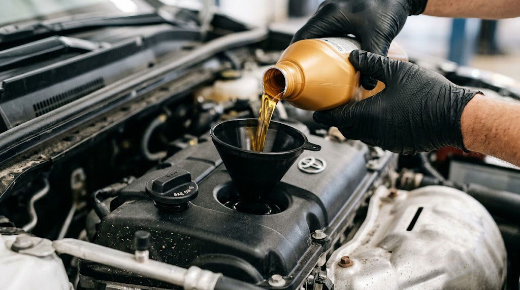 Automotive technician pouring fresh SAE 0W-16 full synthetic motor oil into a Toyota Dynamic Force engine