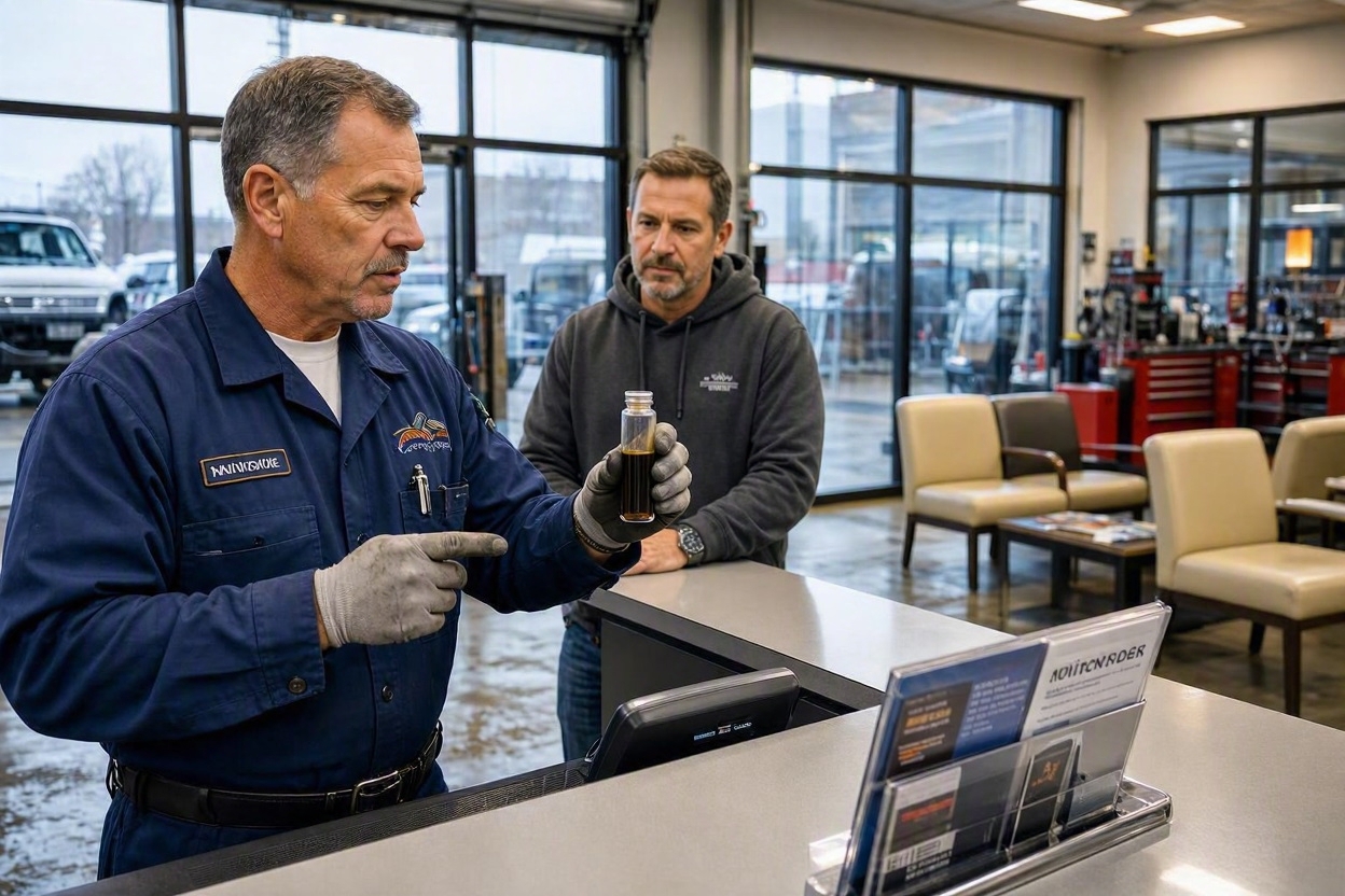 Master automotive technician explaining dark automatic transmission fluid sample on a service clipboard to vehicle owner