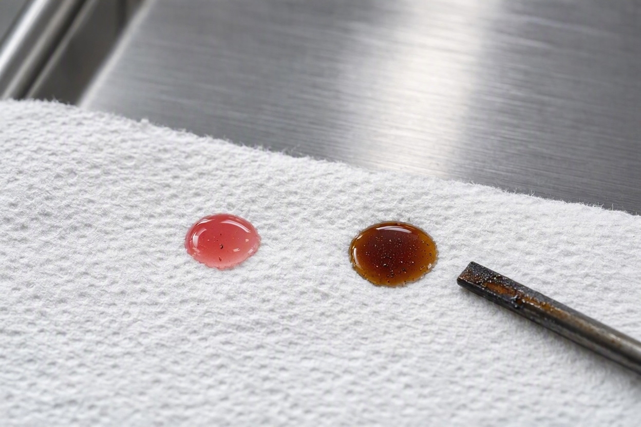 Macro view of transmission fluid drop test comparing clean pink lubricant with oxidized dark fluid on shop towel