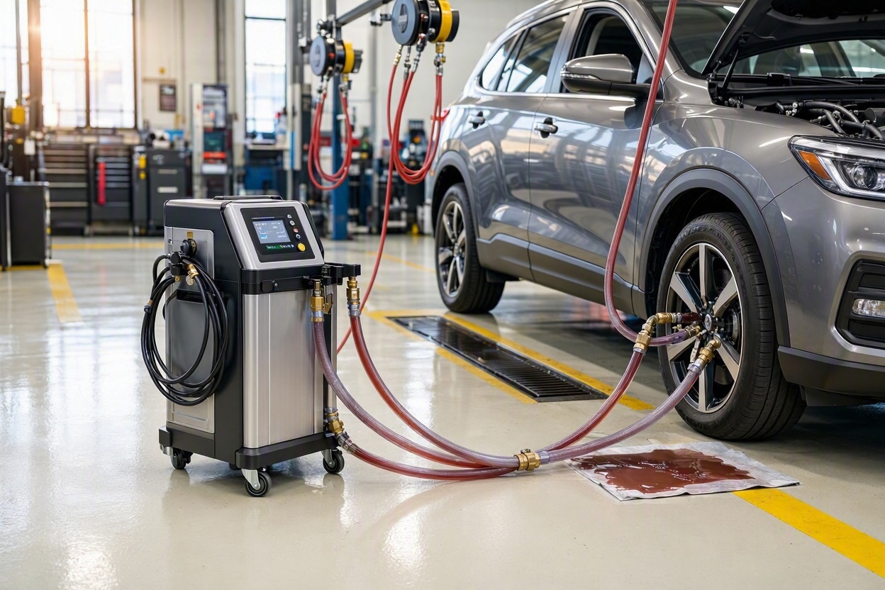 Automated transmission fluid exchange machine connected to vehicle cooler lines in a quick-lube bay