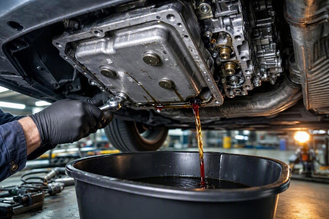 Mechanic carefully dropping transmission pan under vehicle lift to drain fluid and replace internal filter