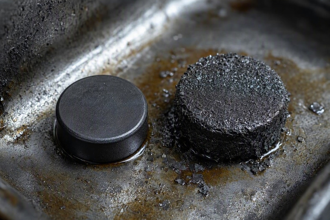 Close-up comparison of a clean pan magnet versus one covered in fine metallic sludge and clutch debris