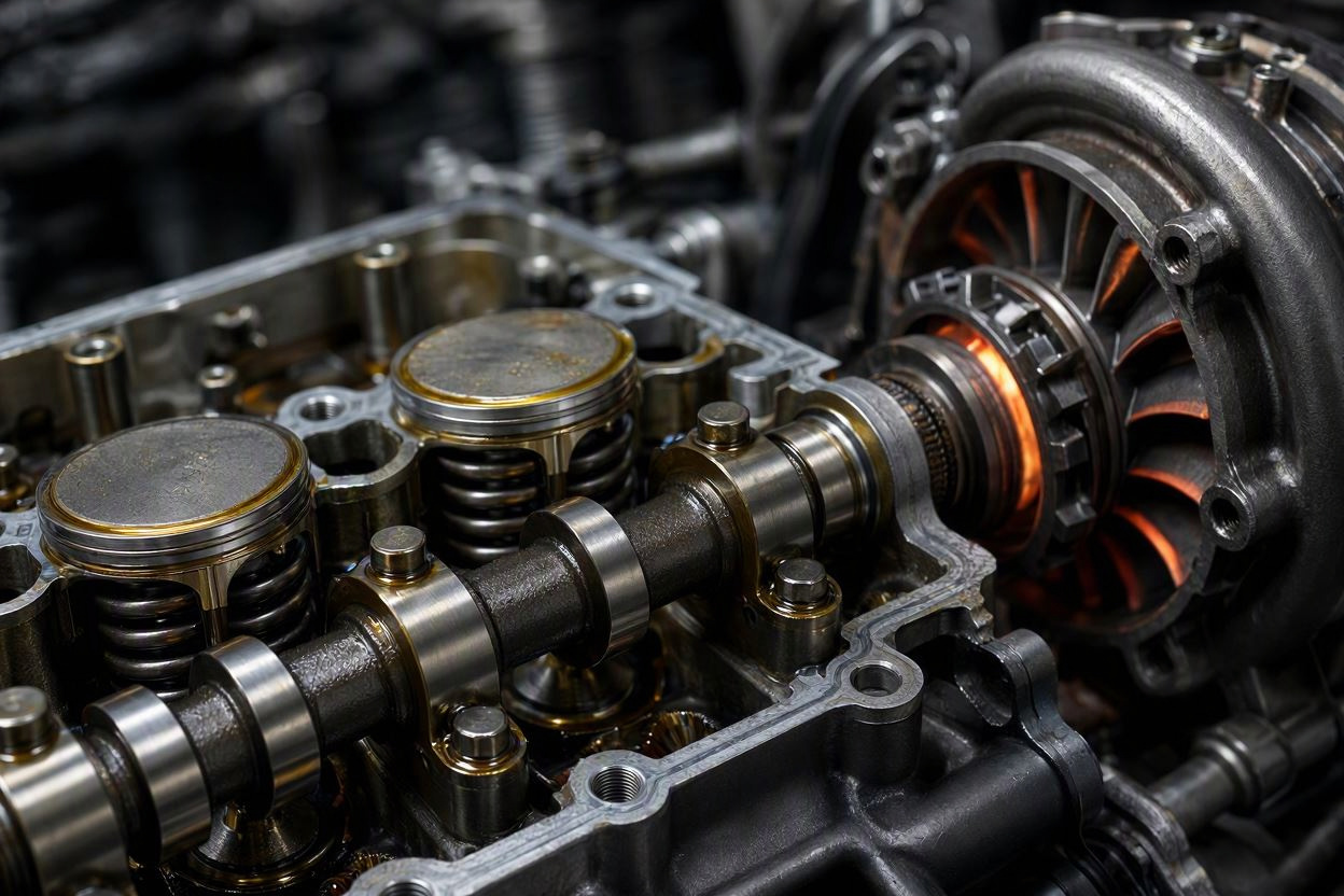 Extreme close-up of a glowing turbocharger turbine and camshaft protected by synthetic lubricant film