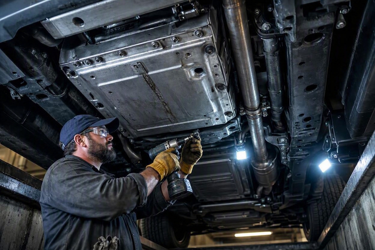 Mechanic in service pit removing underbody skid plate shield from vehicle chassis