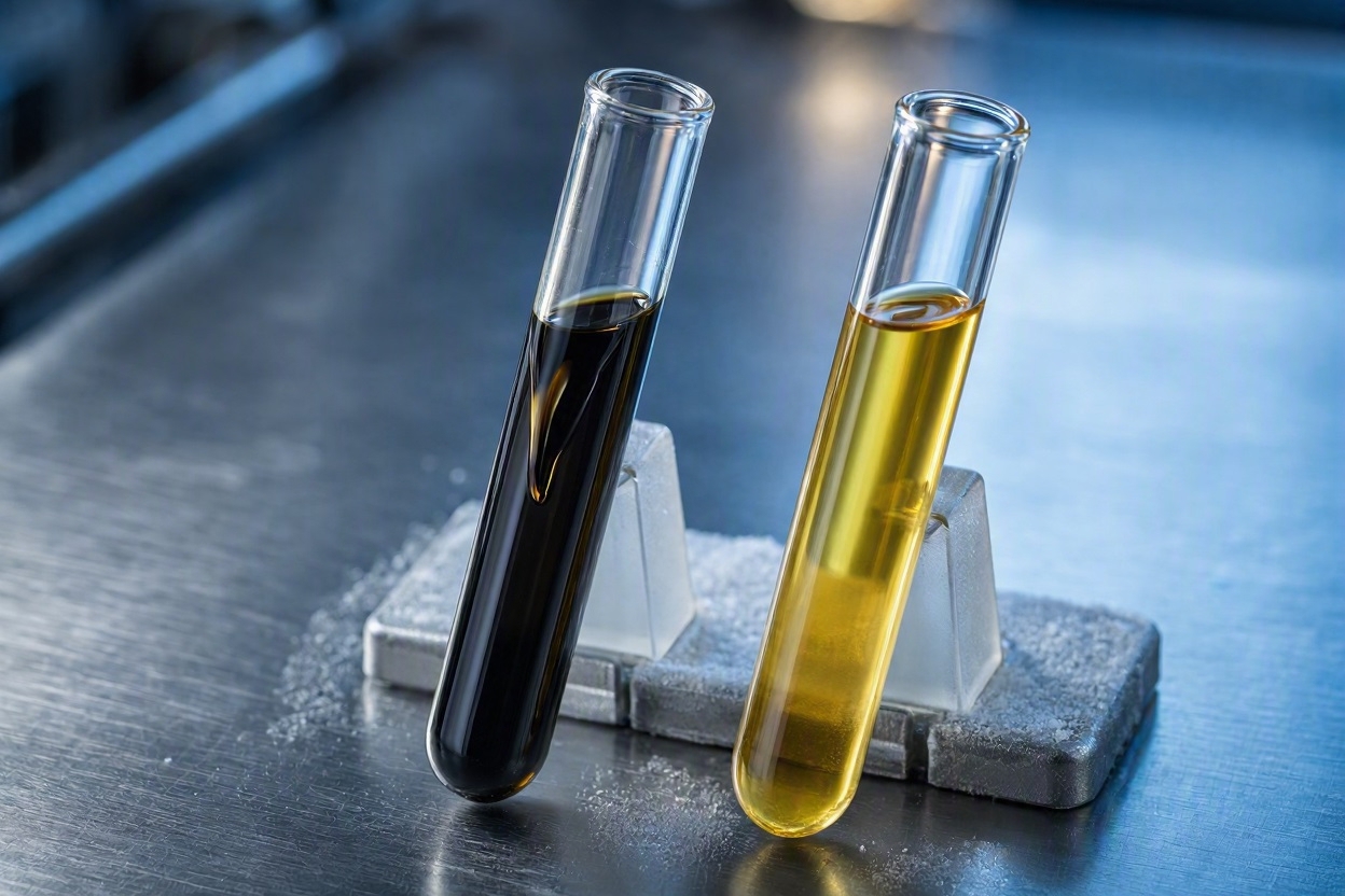 Lab bench visual test comparing cold thick conventional oil against smooth flowing winter synthetic oil